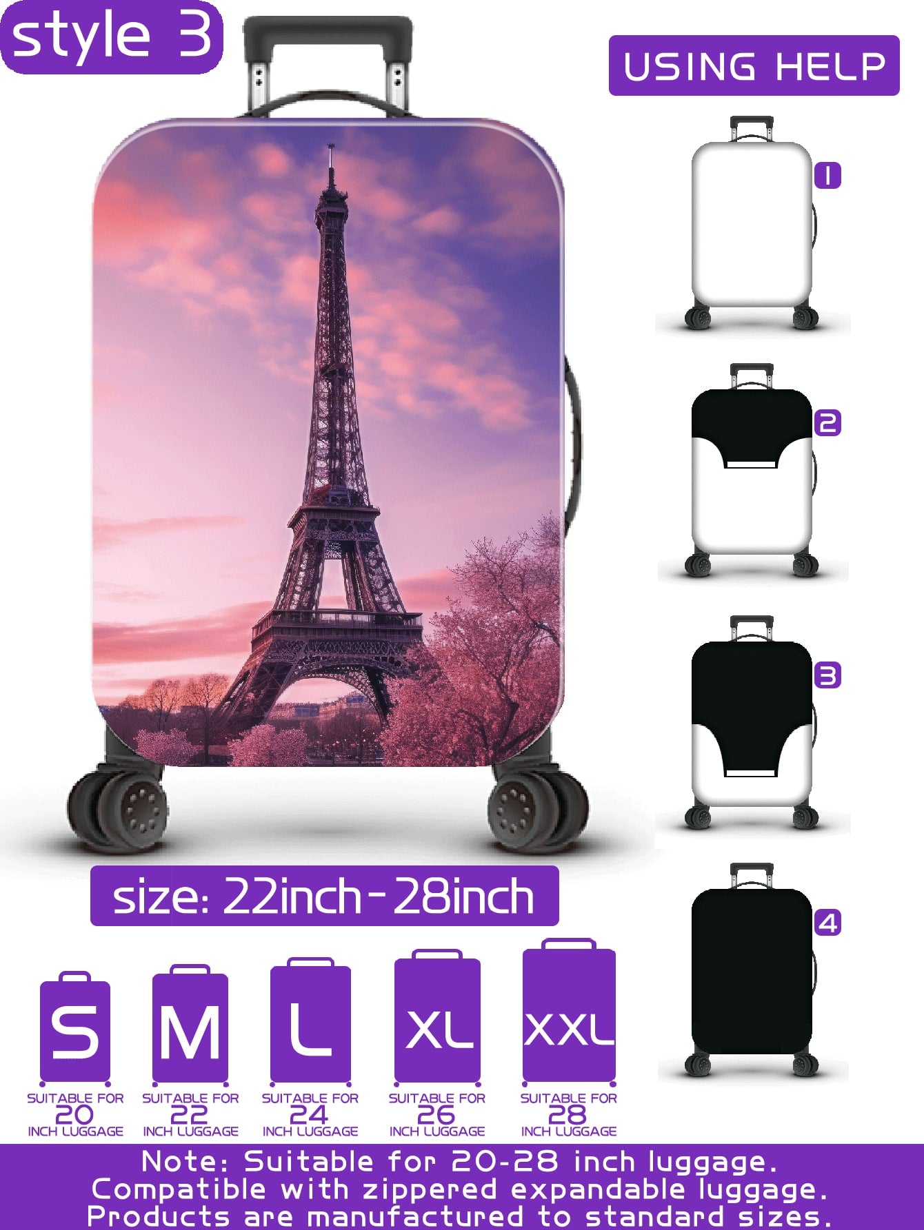 سلسلة برج ايفل، نمط طباعة رقمي شخصي، عملية الإنتاج ترقية بشكل عام، عملية التهيئة الشاملة بحواف مطاطية، قماش مطاطي سميك، قابل للغسل، غطاء حماية للحقيبة، غطاء للحقيبة، غطاء غبار للحقيبة، غطاء غبار للحقيبة، مناسب جداً لرحلات العمل، السفر، فحص الأمتعة، مناسب