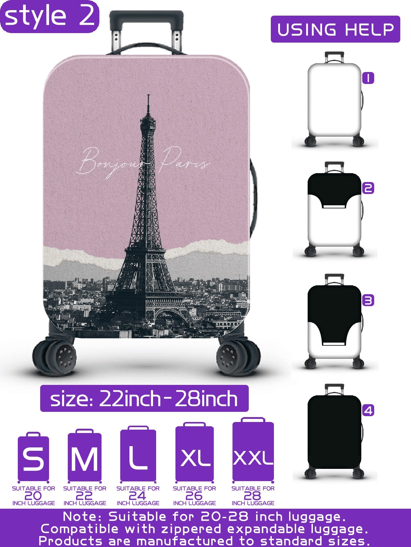 سلسلة برج ايفل، نمط طباعة رقمي شخصي، عملية الإنتاج ترقية بشكل عام، عملية التهيئة الشاملة بحواف مطاطية، قماش مطاطي سميك، قابل للغسل، غطاء حماية للحقيبة، غطاء للحقيبة، غطاء غبار للحقيبة، غطاء غبار للحقيبة، مناسب جداً لرحلات العمل، السفر، فحص الأمتعة، مناسب