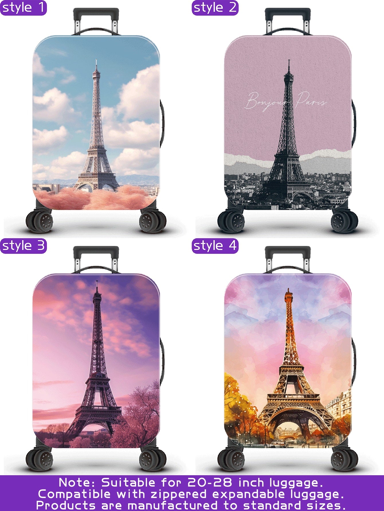 سلسلة برج ايفل، نمط طباعة رقمي شخصي، عملية الإنتاج ترقية بشكل عام، عملية التهيئة الشاملة بحواف مطاطية، قماش مطاطي سميك، قابل للغسل، غطاء حماية للحقيبة، غطاء للحقيبة، غطاء غبار للحقيبة، غطاء غبار للحقيبة، مناسب جداً لرحلات العمل، السفر، فحص الأمتعة، مناسب