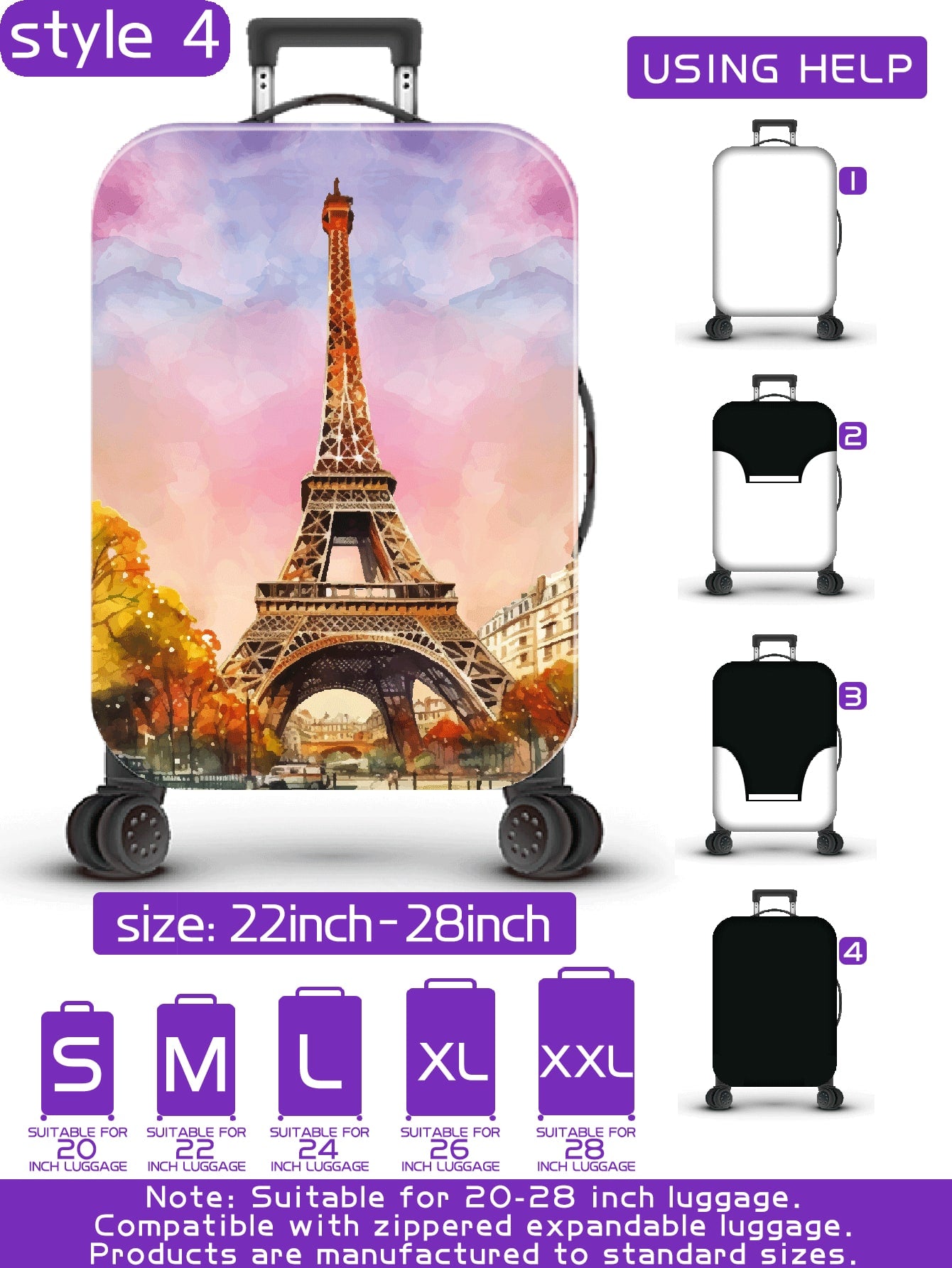 سلسلة برج ايفل، نمط طباعة رقمي شخصي، عملية الإنتاج ترقية بشكل عام، عملية التهيئة الشاملة بحواف مطاطية، قماش مطاطي سميك، قابل للغسل، غطاء حماية للحقيبة، غطاء للحقيبة، غطاء غبار للحقيبة، غطاء غبار للحقيبة، مناسب جداً لرحلات العمل، السفر، فحص الأمتعة، مناسب