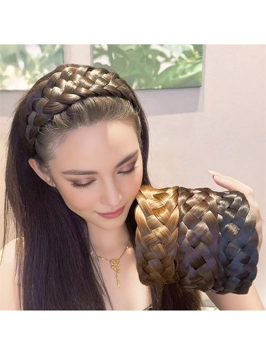 شريط رأس انيق بتصميم عظمة السمكة 1 قطعة، عريض ضد الانزلاق مع أسنان، شعر صناعي مجدل ملتوي، صنع يدويًا ملحقات تكثيف الشعر العقدة العليا