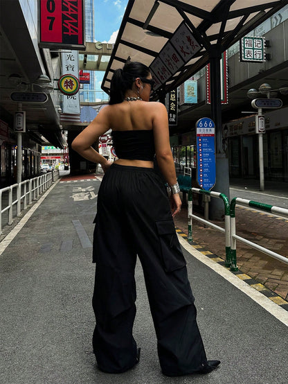 سراويل شحن سوداء فضفاضة متحررة مع جيوب كبيرة الحجم للاستخدام اليومي العادي