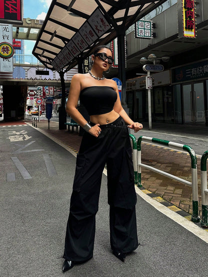 سراويل شحن سوداء فضفاضة متحررة مع جيوب كبيرة الحجم للاستخدام اليومي العادي