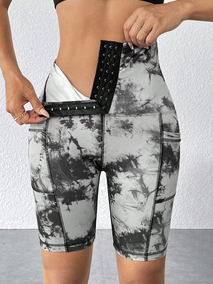 بنطلون ضيق عالي المرونة بعصابة شديدة التحديد وخصر عالي بزر للنساء بتأثير الصباغة