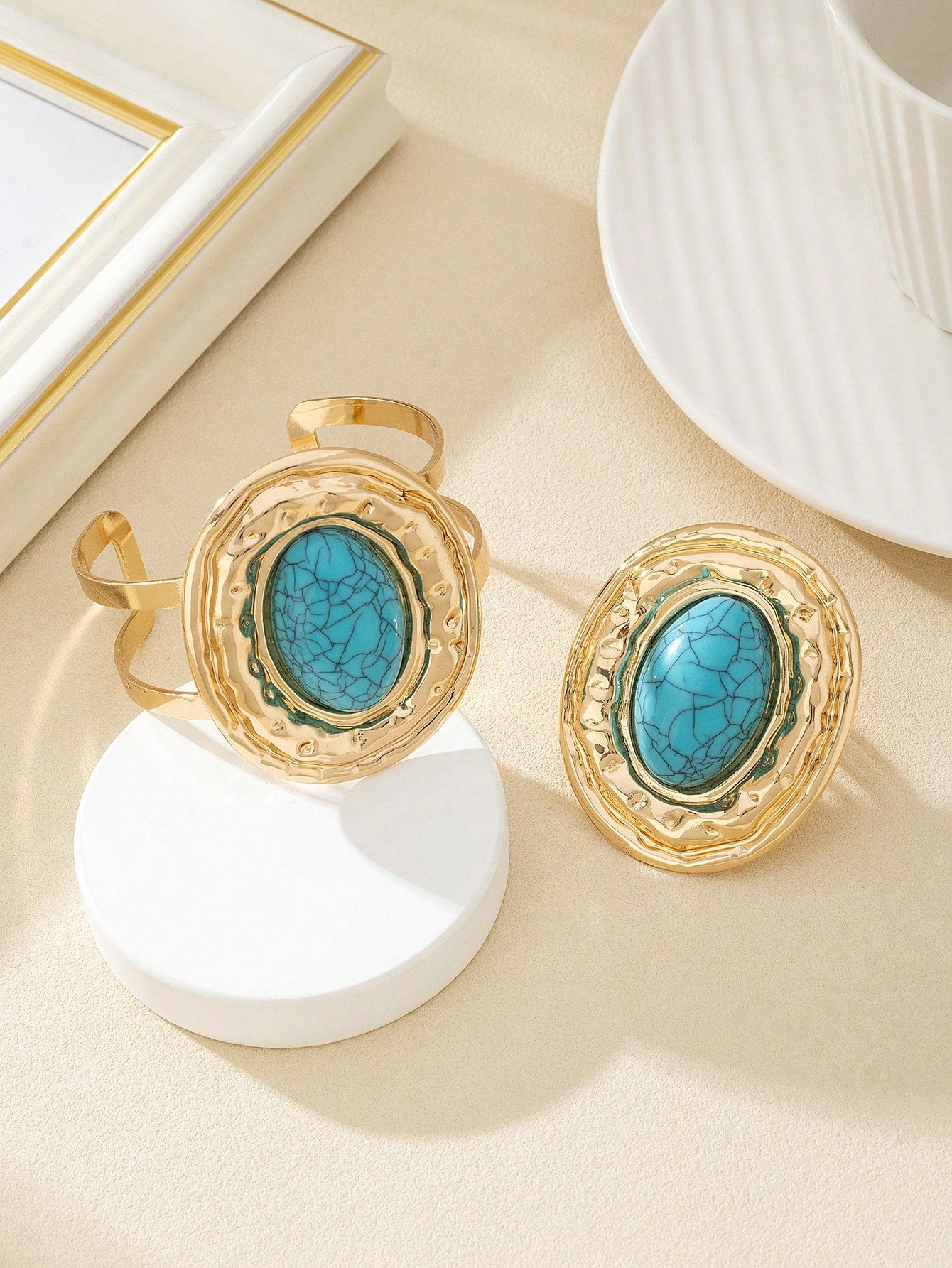 مجموعة واحدة من خواتم سوار اللؤلؤ الكبيرة العصرية المطلية بالمعدن للنساء، مجموعة مجوهرات