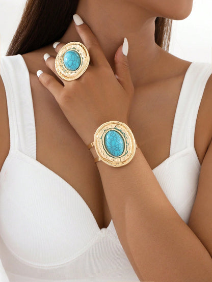 مجموعة واحدة من خواتم سوار اللؤلؤ الكبيرة العصرية المطلية بالمعدن للنساء، مجموعة مجوهرات