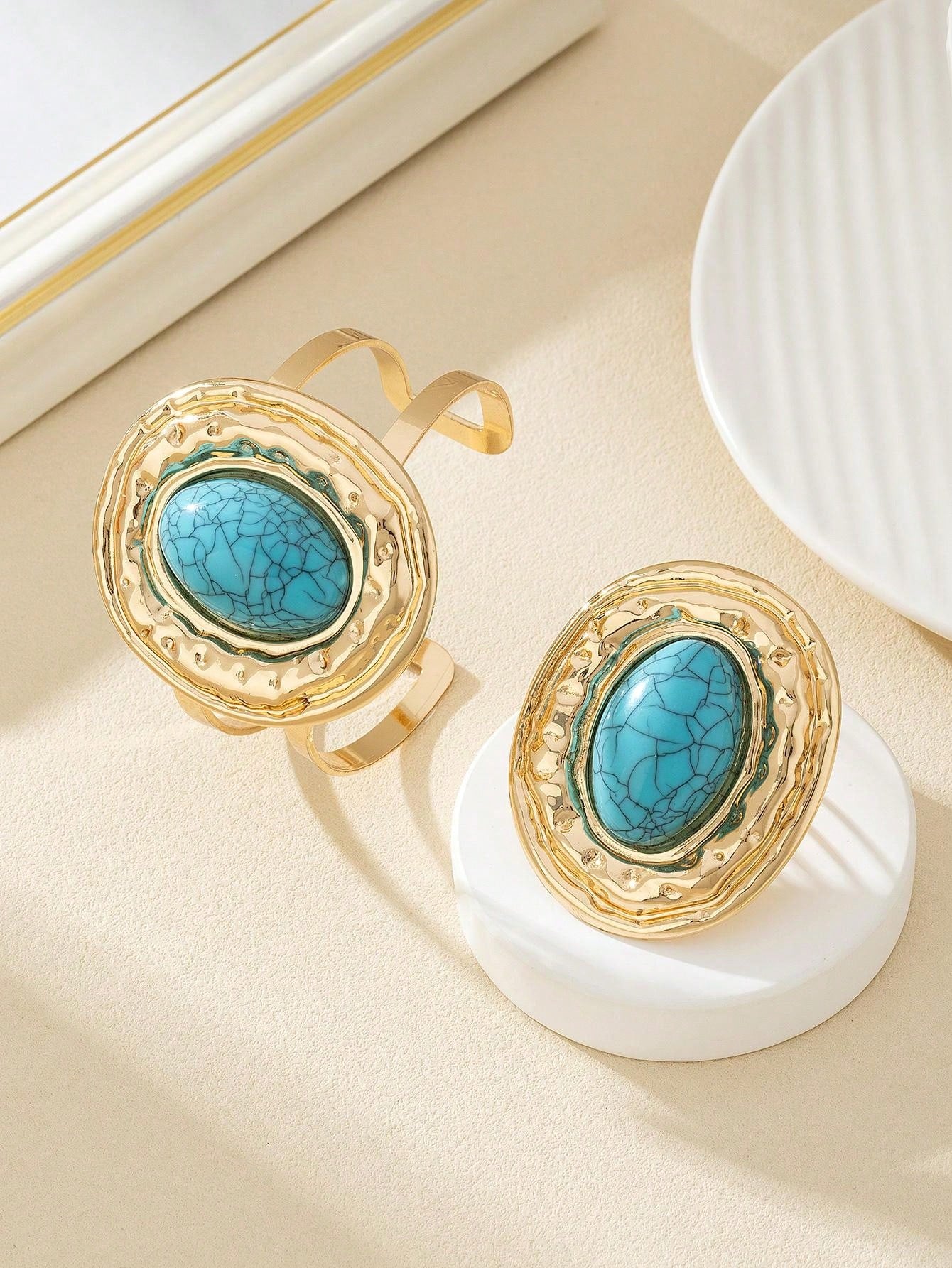 مجموعة واحدة من خواتم سوار اللؤلؤ الكبيرة العصرية المطلية بالمعدن للنساء، مجموعة مجوهرات