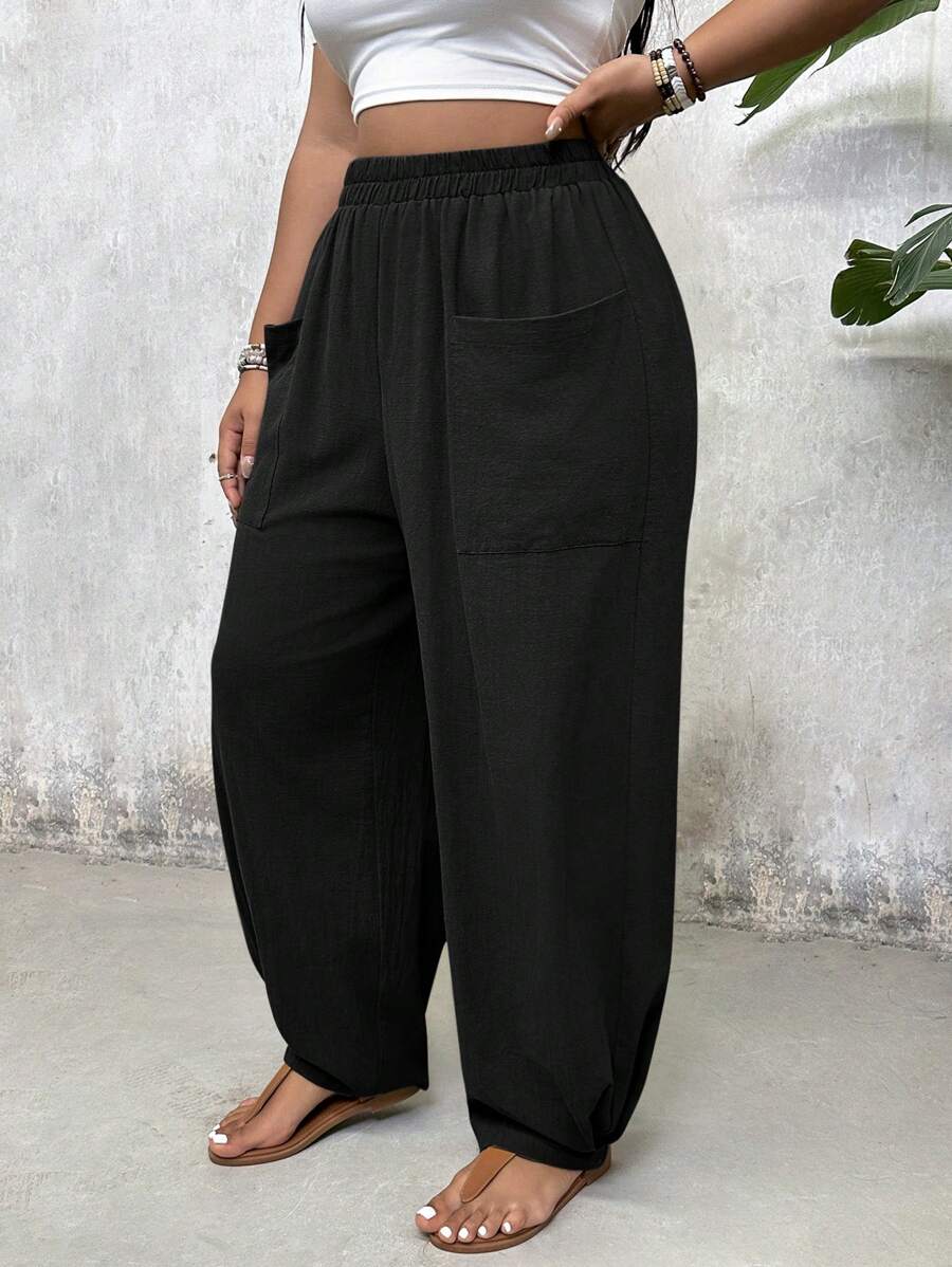 بنطلون بساق واسعة وجيوب، مقاس زائد