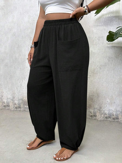 بنطلون بساق واسعة وجيوب، مقاس زائد