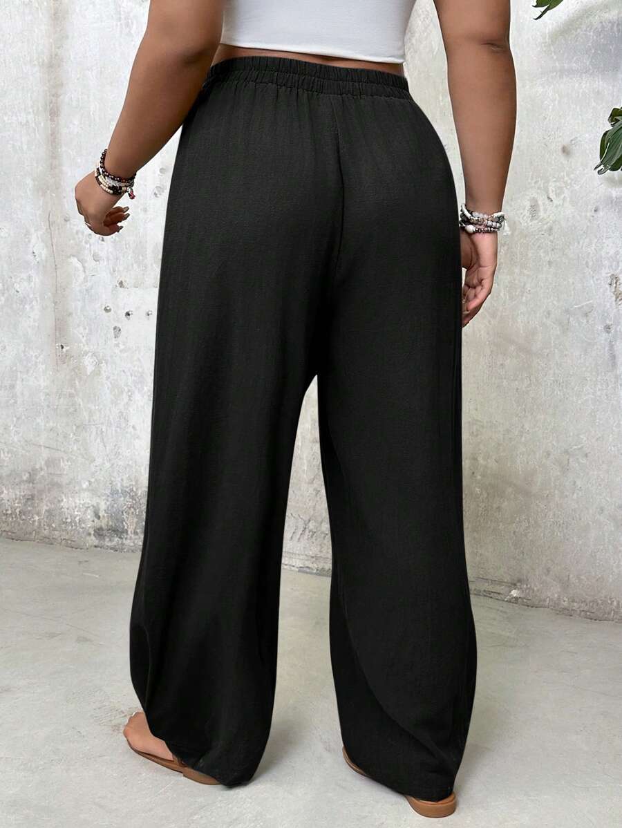 بنطلون بساق واسعة وجيوب، مقاس زائد