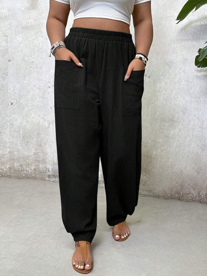 بنطلون بساق واسعة وجيوب، مقاس زائد