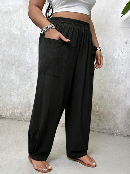 بنطلون بساق واسعة وجيوب، مقاس زائد