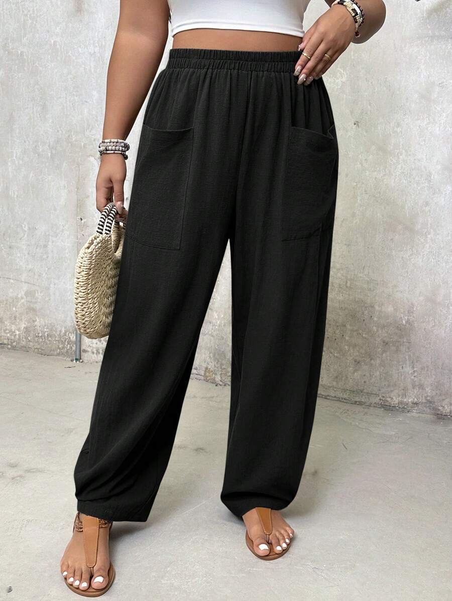 بنطلون بساق واسعة وجيوب، مقاس زائد