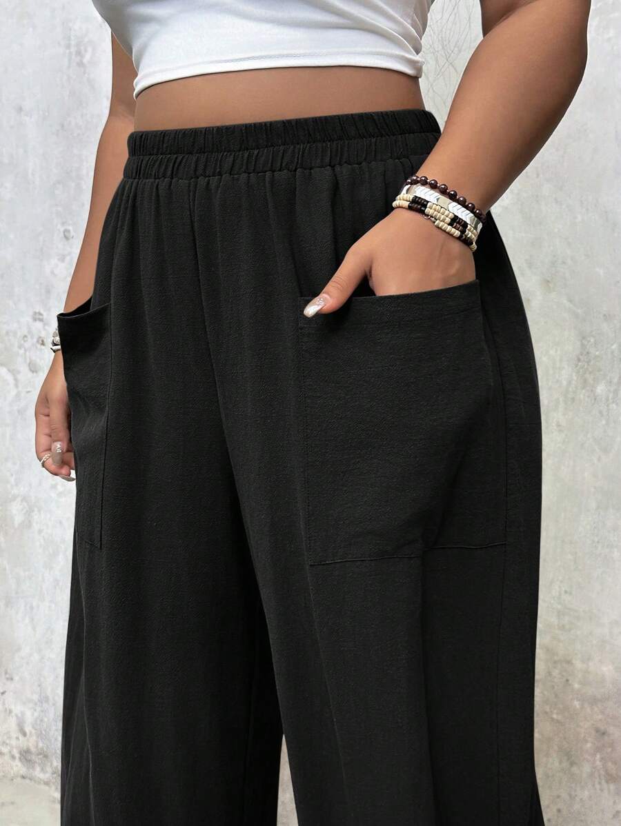 بنطلون بساق واسعة وجيوب، مقاس زائد