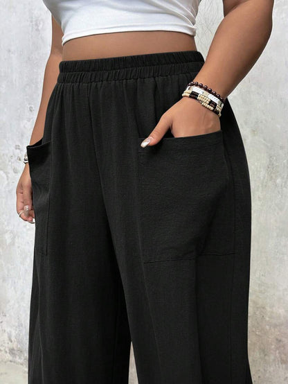 بنطلون بساق واسعة وجيوب، مقاس زائد