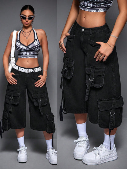 جينز نسائي واسع بالساق بقصة فضفاضة بسبعة أرباع الطول و جيوب عمل متعددة