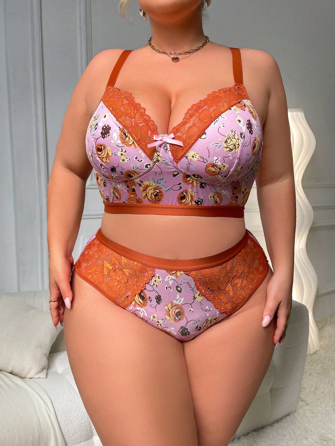 مجموعة صدرية نسائية مريحة لحجم كبير مثيرة بتصميم وردي زهري لاسلكي