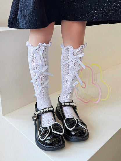 زوج واحد من الجوارب للفتيات حتى الركبة مع ديكور على شكل فيونكة