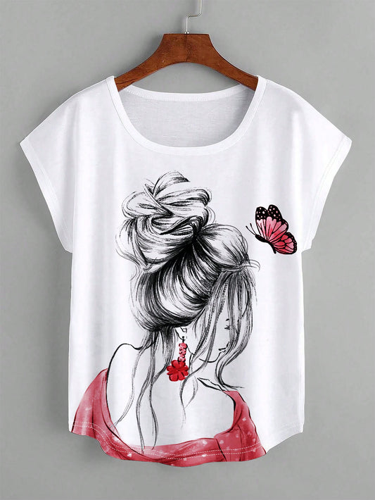 تي شيرت نسائي برقبة دائرية وتصميم فضفاض برسوم توضيحية/ نمط