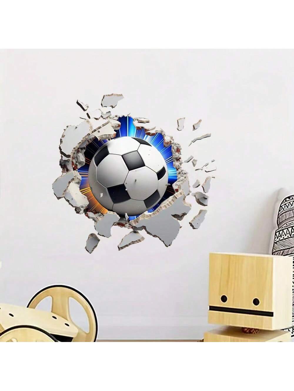ملصق حائط ثلاثي الأبعاد ستيريوسكوبي كرة قدم، راجبي، ملصقات ديكور الحائط للأطفال غرفة، حضانة، ديكور غرفة النوم، لاصق ذاتي