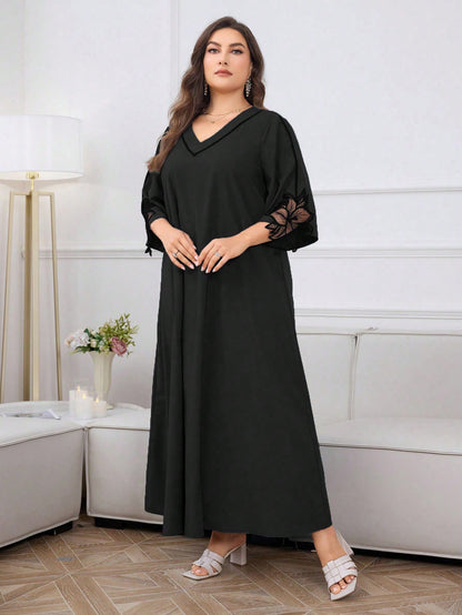 فستان بأكمام طويلة فضفاض متواضع بلون أحادي لحجم كبير للاستخدام اليومي