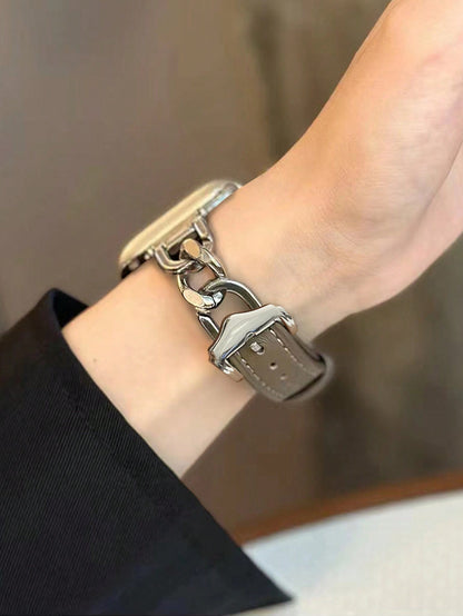 حزام ساعة آبل معدني تأثير الجينز فضي الخياطة جلد بني