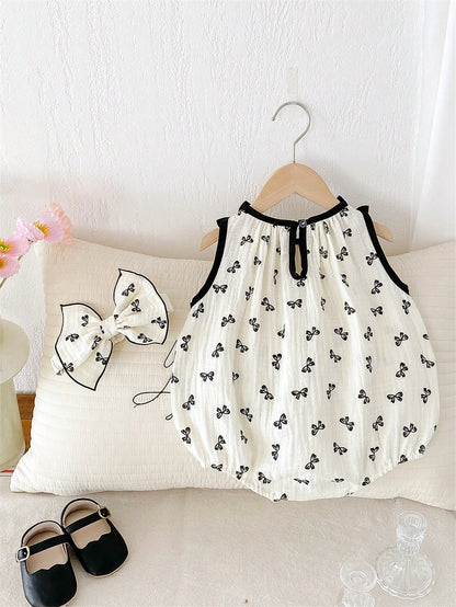 قطعة واحدة بدلة رضع بنات كاجوال بدون أكمام مع طباعة الفراشة وشريطة الرأس، صيف