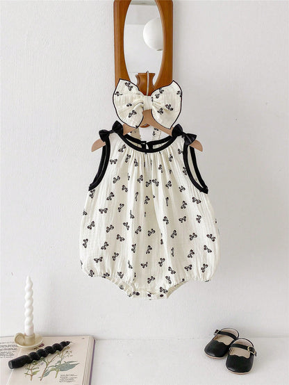 قطعة واحدة بدلة رضع بنات كاجوال بدون أكمام مع طباعة الفراشة وشريطة الرأس، صيف