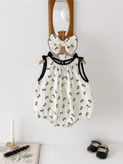 قطعة واحدة بدلة رضع بنات كاجوال بدون أكمام مع طباعة الفراشة وشريطة الرأس، صيف