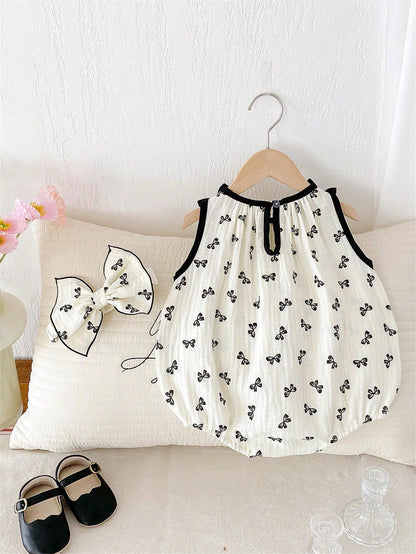 قطعة واحدة بدلة رضع بنات كاجوال بدون أكمام مع طباعة الفراشة وشريطة الرأس، صيف