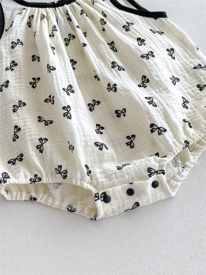 قطعة واحدة بدلة رضع بنات كاجوال بدون أكمام مع طباعة الفراشة وشريطة الرأس، صيف