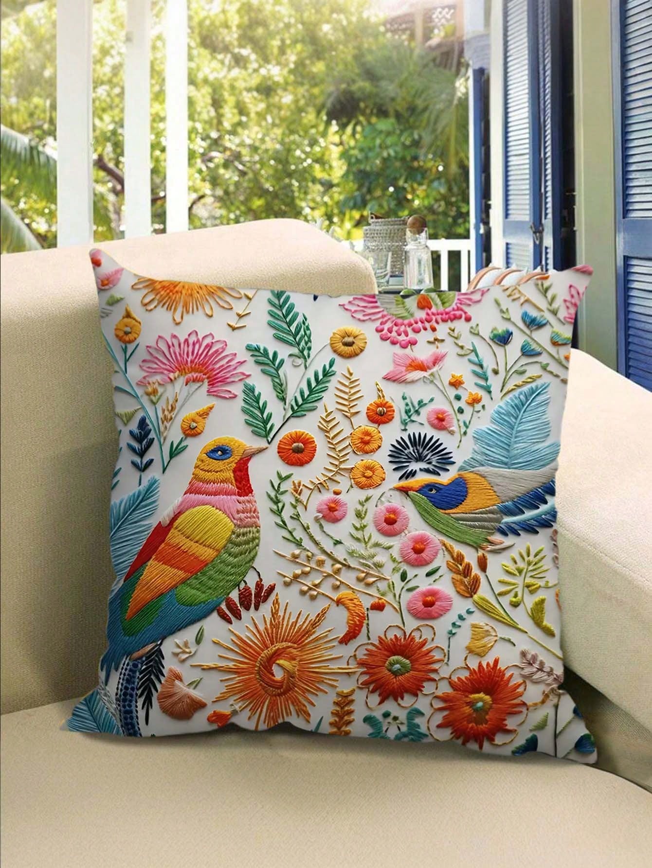 كيس وسادة مطبوع بطبعة زهرية عصفور من البوليستر قطعة واحدة
