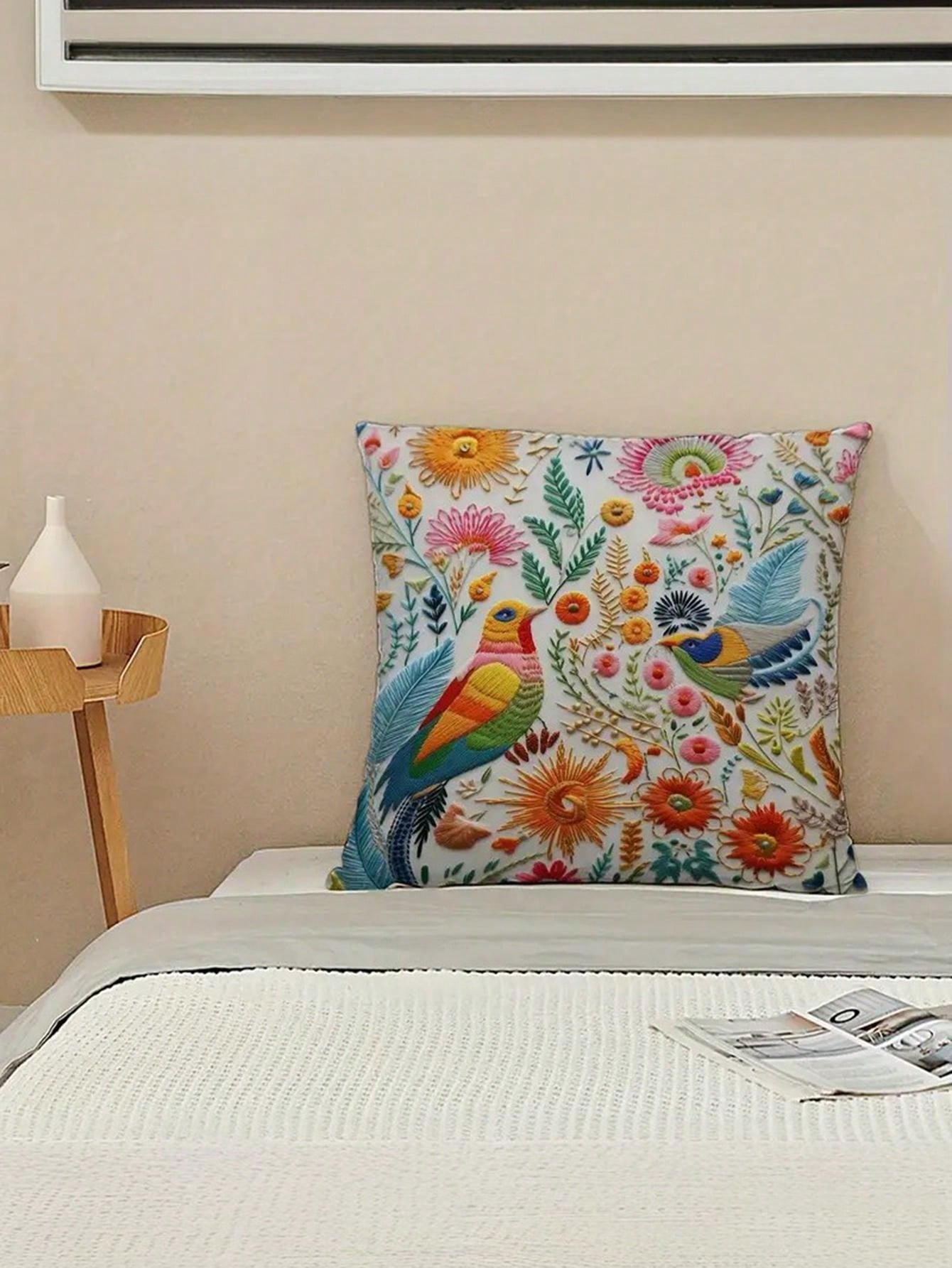 كيس وسادة مطبوع بطبعة زهرية عصفور من البوليستر قطعة واحدة