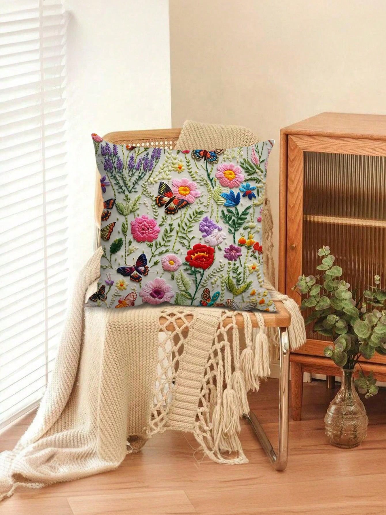 كيس وسادة مطبوع بالأزهار والفراشات من البوليستر قطعة واحدة