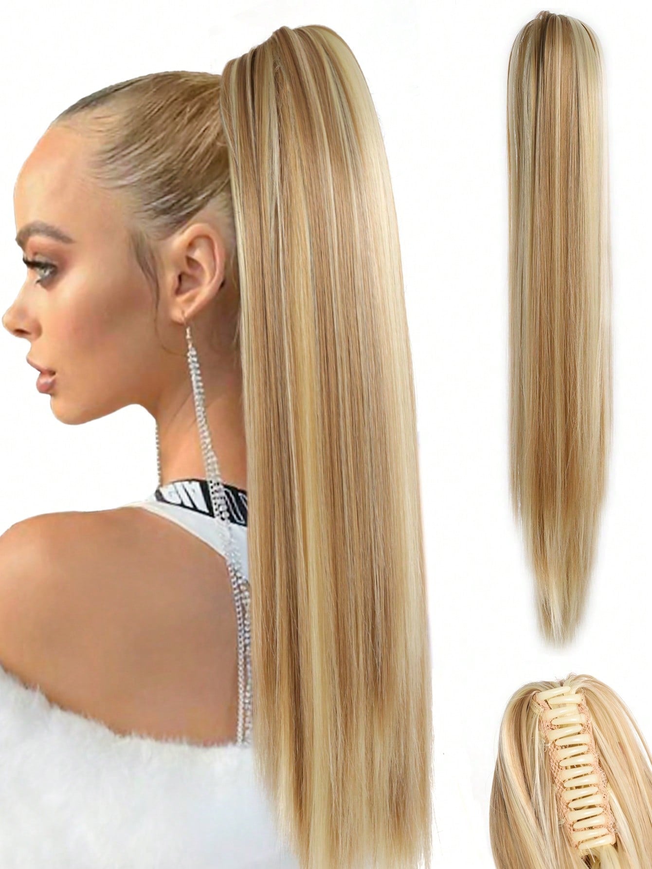 وصلات ذيل حصان صناعية طويلة مستقيمة للنساء ألياف مقاومة للحرارة مخلب أشقر بني ذيل حصان قطع شعر للاستخدام اليومي للحفلات