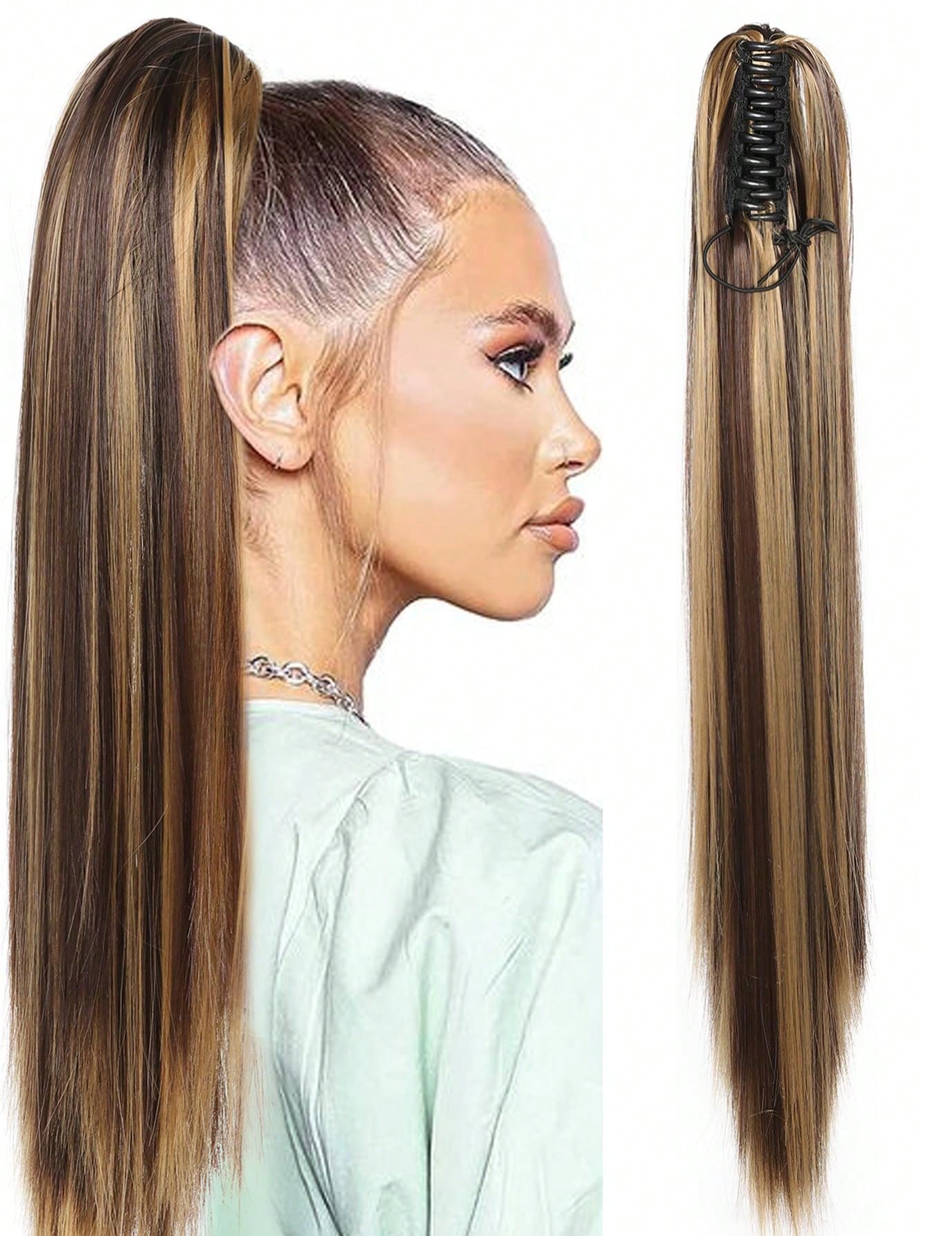 وصلات ذيل حصان صناعية طويلة مستقيمة للنساء ألياف مقاومة للحرارة مخلب أشقر بني ذيل حصان قطع شعر للاستخدام اليومي للحفلات