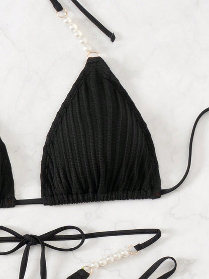 مجموعة بكيني قطعتين عنق عالي من اللون الأحادي للنساء للصيف والشاطئ