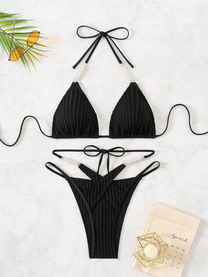 مجموعة بكيني قطعتين عنق عالي من اللون الأحادي للنساء للصيف والشاطئ