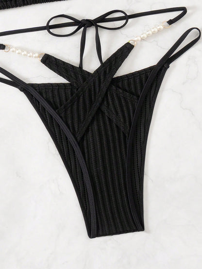 مجموعة بكيني قطعتين عنق عالي من اللون الأحادي للنساء للصيف والشاطئ