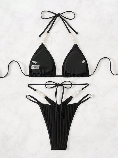 مجموعة بكيني قطعتين عنق عالي من اللون الأحادي للنساء للصيف والشاطئ