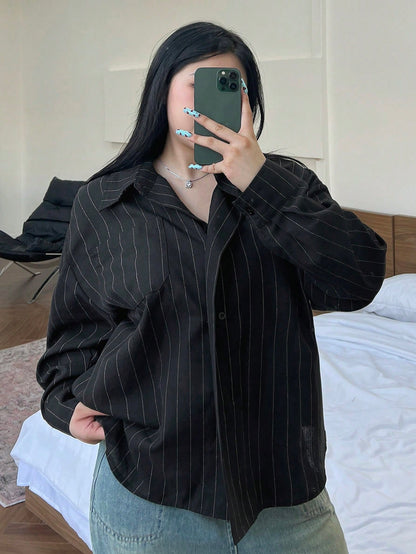 قميص نسائي بأكمام طويلة بأسلوب بسيط أحادي اللون للاستخدام اليومي مقاسات كبيرة