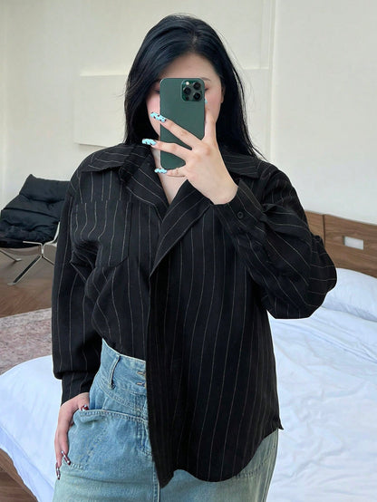 قميص نسائي بأكمام طويلة بأسلوب بسيط أحادي اللون للاستخدام اليومي مقاسات كبيرة