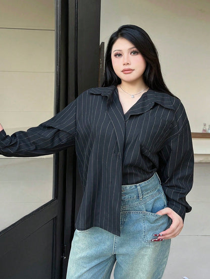 قميص نسائي بأكمام طويلة بأسلوب بسيط أحادي اللون للاستخدام اليومي مقاسات كبيرة