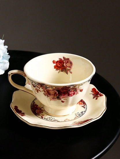 طقم فنجان قهوة وصحن خزفي ذهبي الحافة بطراز الزهور العتيقة، فنجان شاي بأسلوب قصر أوروبي للشاي بعد الظهر، فنجان حليب إفطار