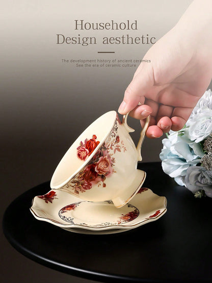طقم فنجان قهوة وصحن خزفي ذهبي الحافة بطراز الزهور العتيقة، فنجان شاي بأسلوب قصر أوروبي للشاي بعد الظهر، فنجان حليب إفطار