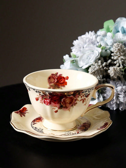 طقم فنجان قهوة وصحن خزفي ذهبي الحافة بطراز الزهور العتيقة، فنجان شاي بأسلوب قصر أوروبي للشاي بعد الظهر، فنجان حليب إفطار