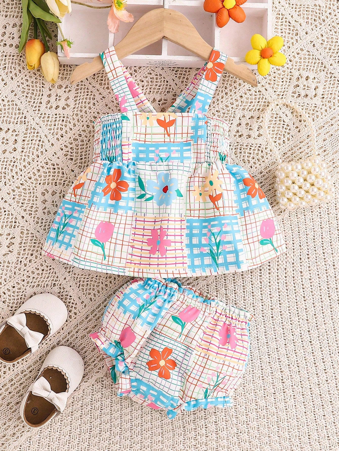 طقم ملابس علوية وشورت مخطط ملون للأطفال الرضع البنات، صيفي
