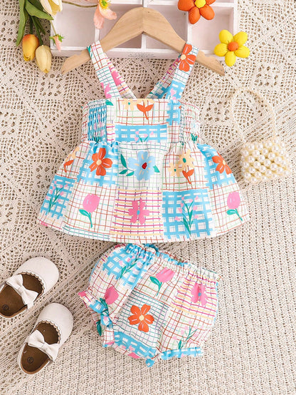 طقم ملابس علوية وشورت مخطط ملون للأطفال الرضع البنات، صيفي