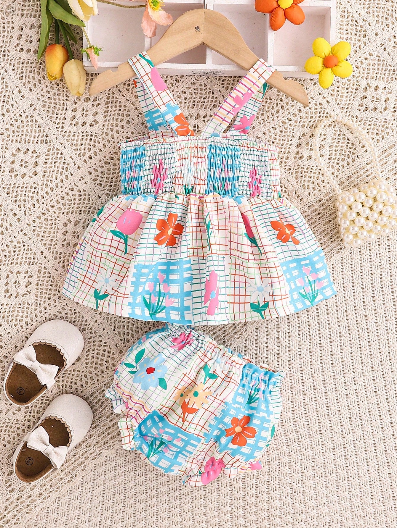 طقم ملابس علوية وشورت مخطط ملون للأطفال الرضع البنات، صيفي