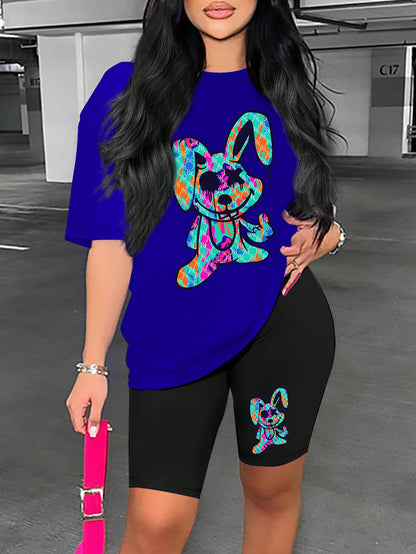 مجموعة القميص القصير ذو الياقة المستديرة بطبعة الأرنب الكرتوني للنساء في الصيف مع السراويل القصيرة